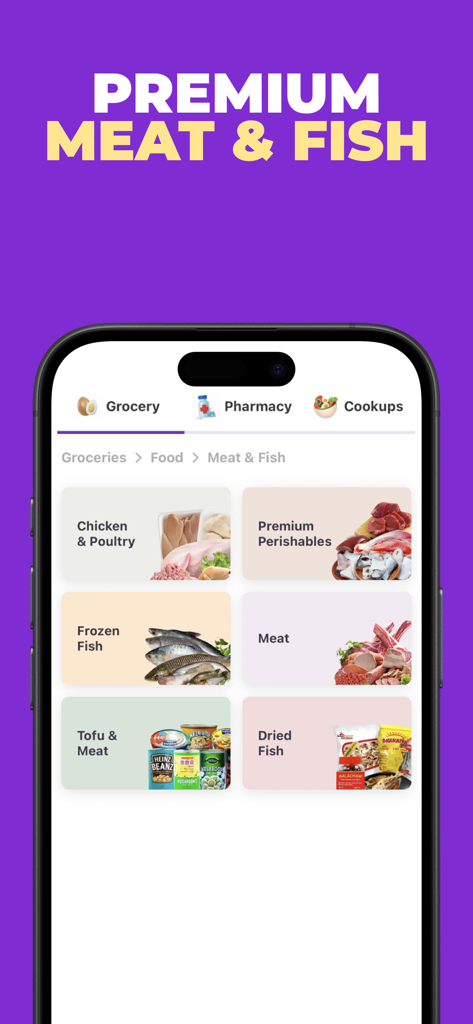 Chaldal app interface showing premium meat and fish grocery categories including chicken poultry and frozen fish