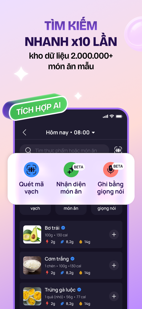 Wao - Food & Calorie Counter - Interface of Wao app showing AI-powered food logging options including barcode scanning and voice input
