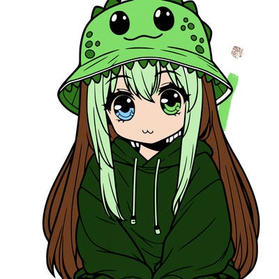 girl with anime shaped eyes with a dinosaur bucket hat oversized sweatshirt long straight hair