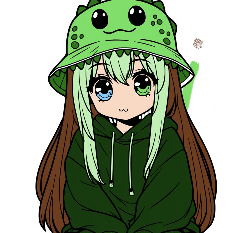 girl with anime shaped eyes with a dinosaur bucket hat oversized sweatshirt long straight hair
