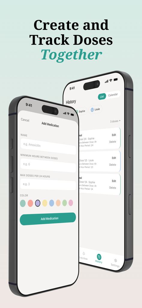 Little Doses: Kids Med Tracker - Two mobile screens of the Little Doses app showing the add medication form and a history list of doses for children