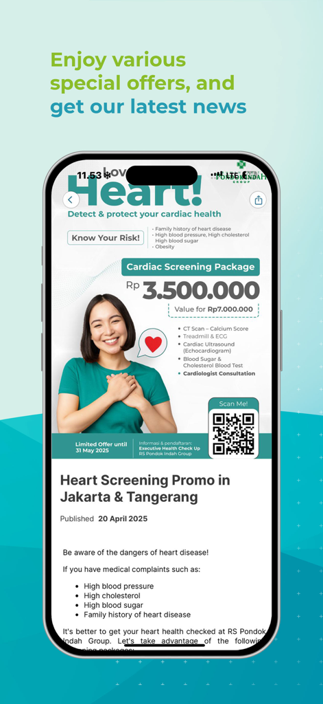 RSPI Mobile - Captura de tela do aplicativo RSPI Mobile com uma promoção de pacote de triagem cardíaca