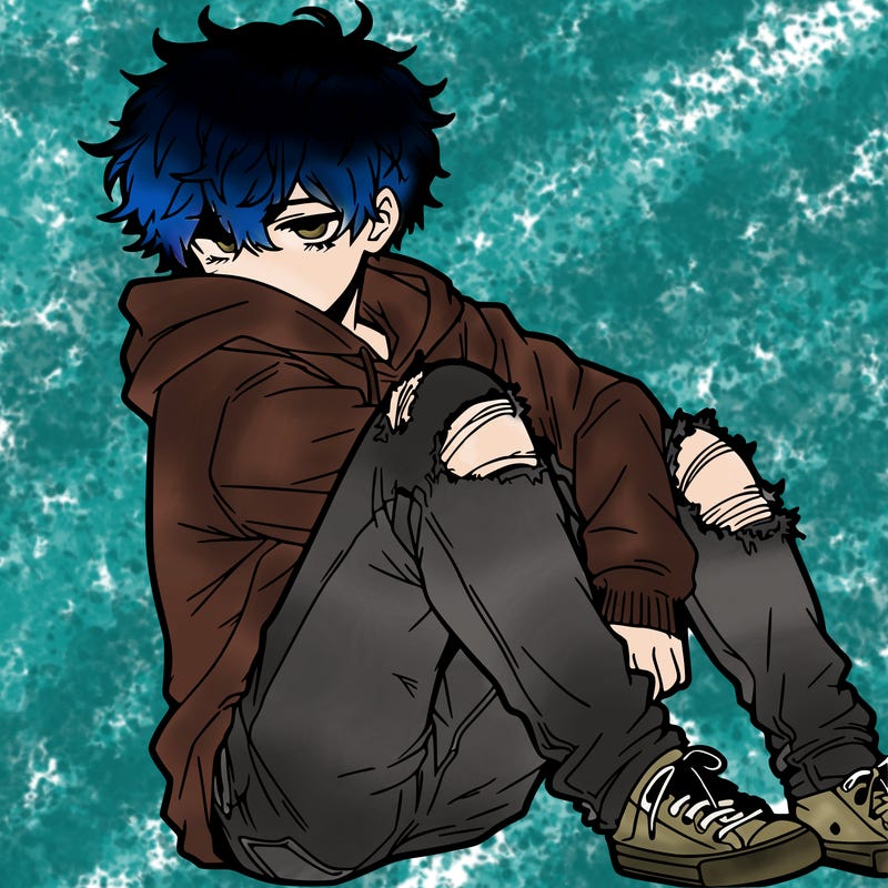 a male hoddie ripped jeans messy hair anime