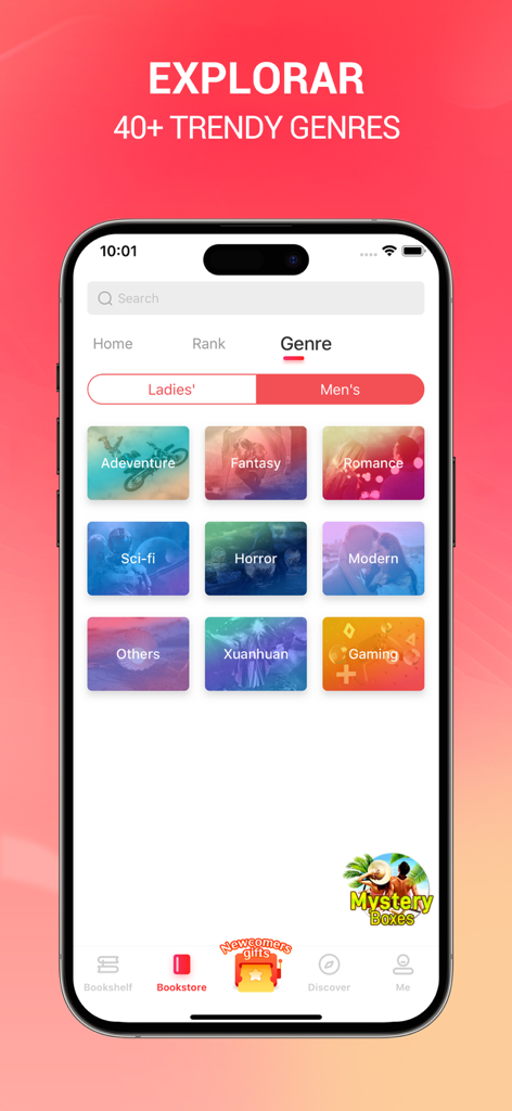 Novella app screen showing various book genres like romance fantasy and sci-fi