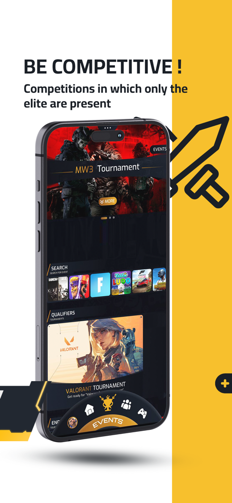 G Club - G Club mobile app interface showing competitive gaming tournaments for MW3 and Valorant