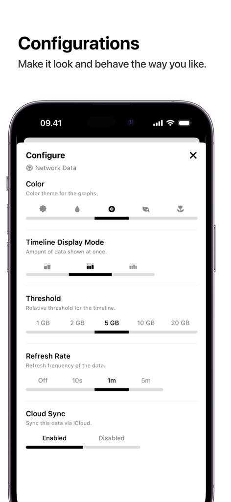 L'écran de configuration de l'application Usage Device Monitor montrant les options de personnalisation pour les données réseau et la synchronisation cloud.