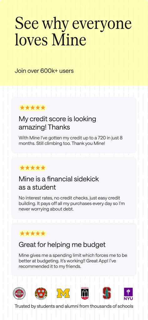User reviews and five star ratings for the Mine app alongside logos of major universities like Harvard and NYU.