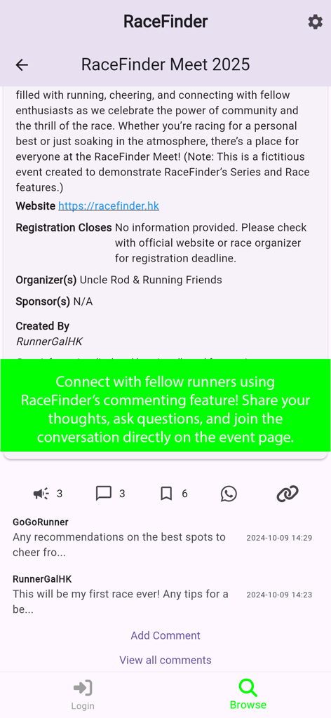RaceFinder - RaceFinder app interface showing event details and a community commenting section for a running meet