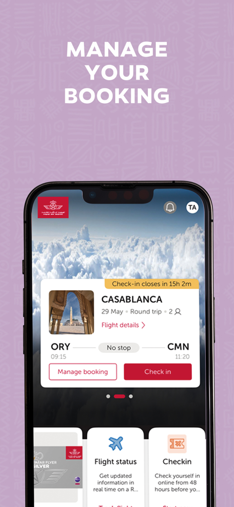 Pantalla de la aplicación Royal Air Maroc para gestionar reservas de vuelos y check-in en línea