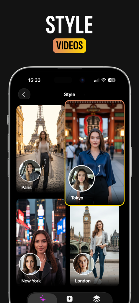 AIYAI - AI Photo & Video Maker - AI video style selection screen featuring background transformations for Tokyo Paris New York and London