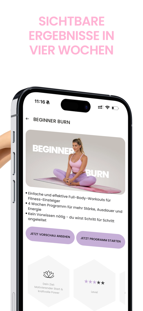 SHAPE by Sarah Harrison - A smartphone screen showing the Beginner Burn workout program for women in the SHAPE app