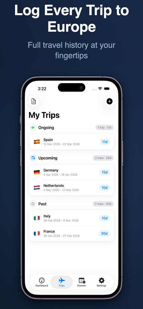 Schengen Stay: 90/180 Days - App screen showing a list of ongoing upcoming and past trips to Europe with stay durations
