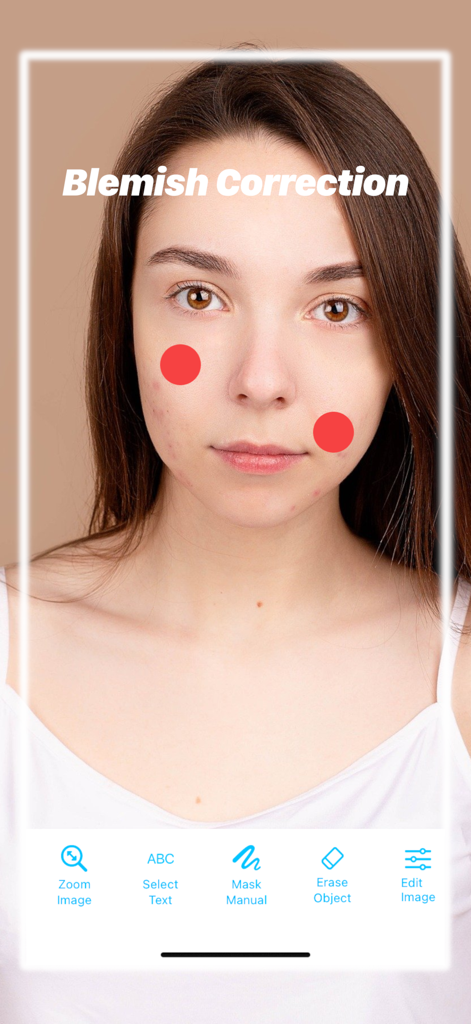 Pantalla de retoque de retratos que muestra la herramienta de corrección de imperfecciones con marcadores rojos en un rostro