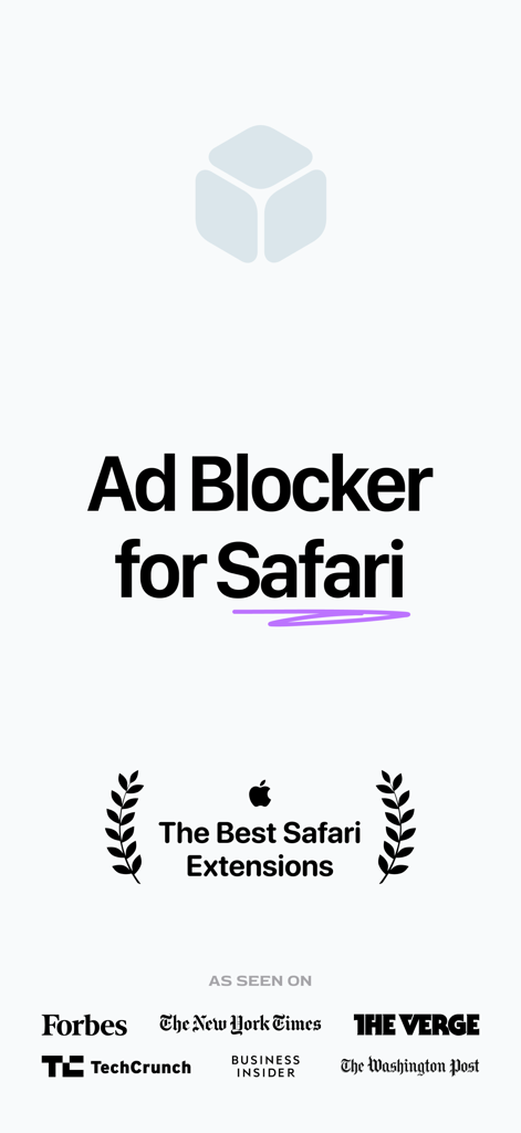 Schermata promozionale di 1Blocker che mostra il premio 'Migliori Estensioni Safari' e menzioni della stampa da Forbes e The New York Times