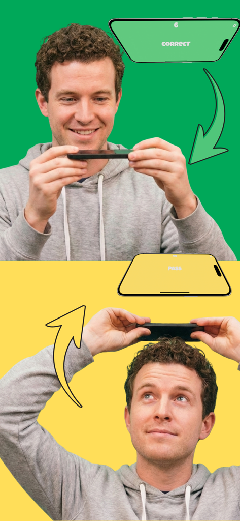 Charades : Guess & Party Game - Un hombre demostrando cómo jugar al juego de charadas inclinando el teléfono hacia adelante para acertar y hacia atrás para pasar.