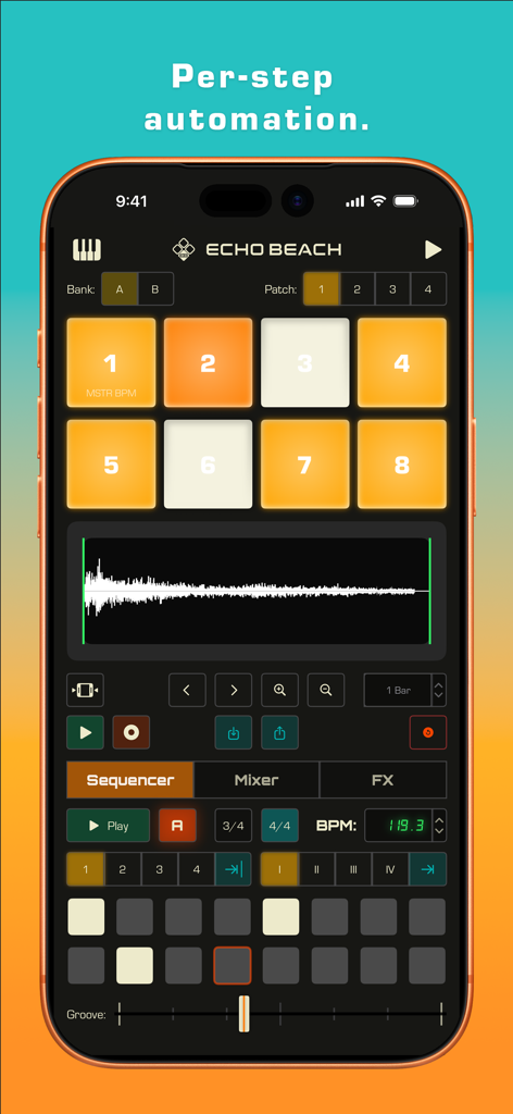The Echo Beach app interface showing a sampler with pads and a step sequencer on an iPhone.