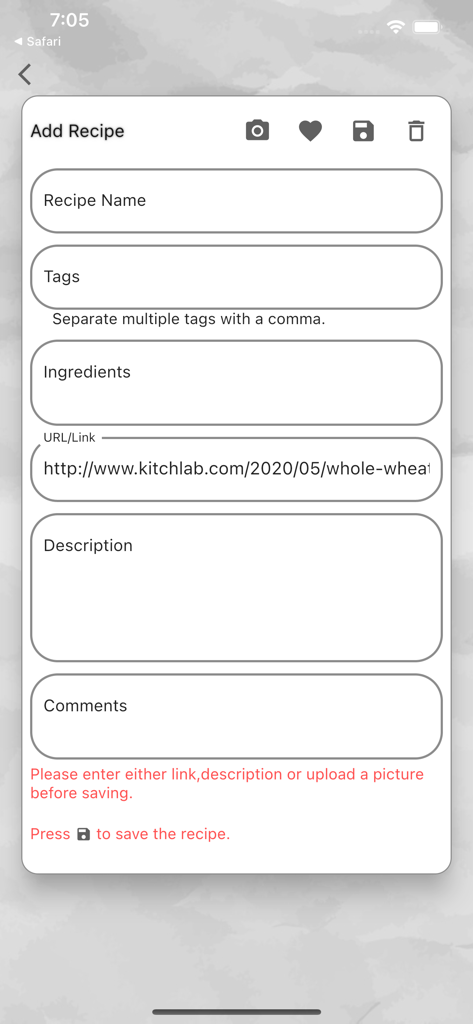 Ein Bildschirm in der Mein Kochbuch App, der ein Formular zum Hinzufügen eines neuen Rezepts mit Feldern für Titel, Tags, Zutaten und URL-Links anzeigt