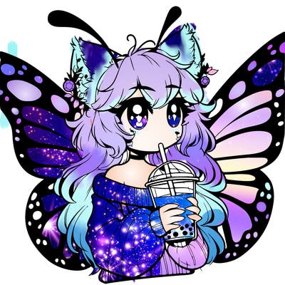 a realistic butterfly/furry girl drinking boba