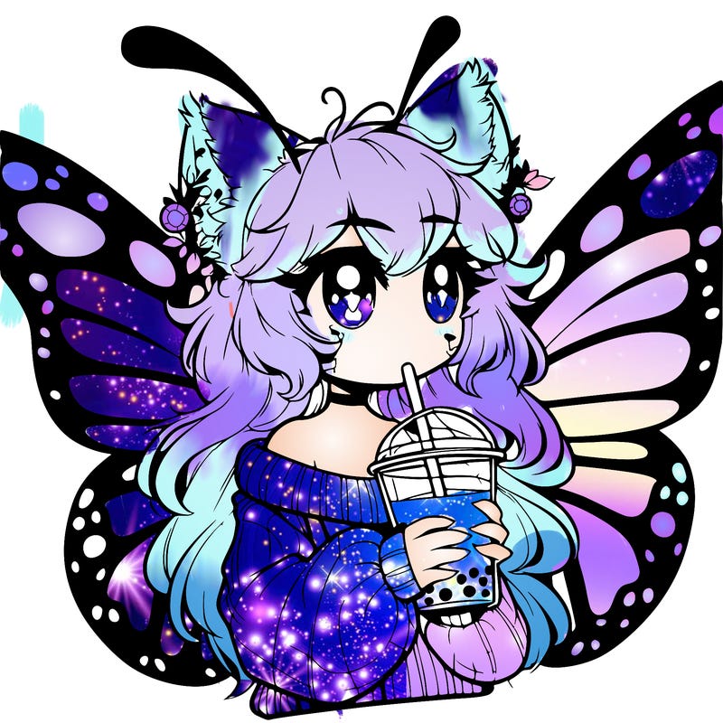 a realistic butterfly/furry girl drinking boba