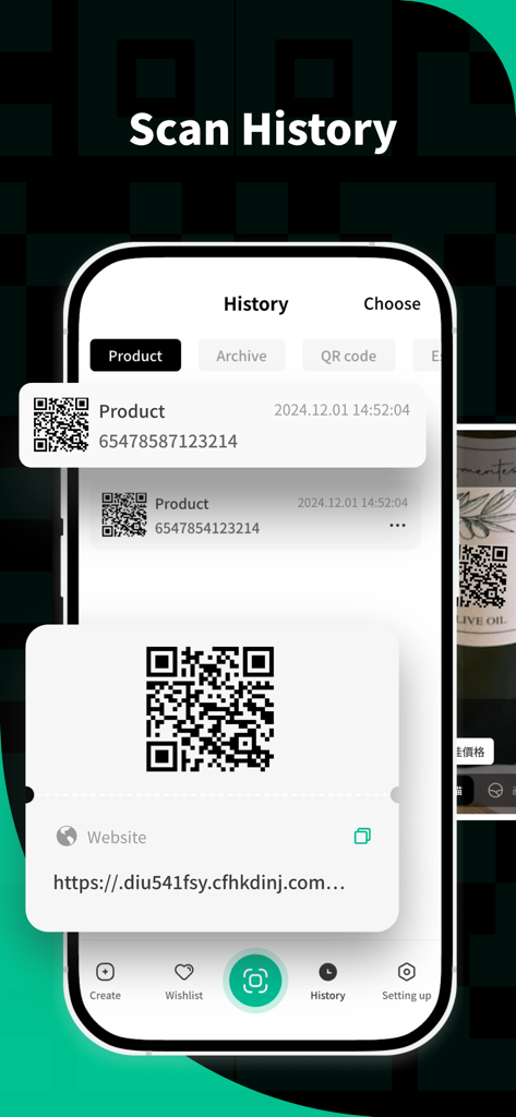 Mobile app screen showing the scan history feature with a list of previous QR codes and barcodes