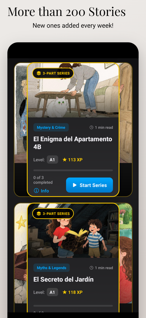 Inklingo: Spanish Stories - Uma seleção de histórias ilustradas em espanhol no aplicativo Inklingo, incluindo gêneros de mistério e mitos.