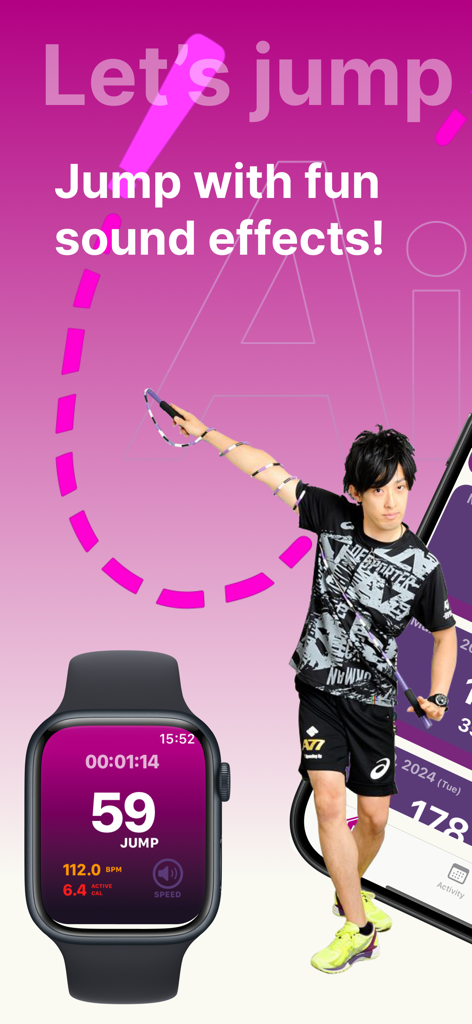 Air Jump Rope app screen showing jump statistics on an Apple Watch and a professional athlete.