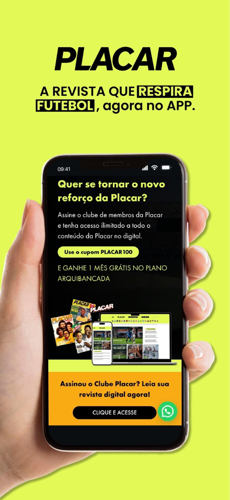 Revista Placar Digital - La app Revista Placar Digital en la pantalla de un smartphone que muestra una oferta de suscripción a una revista de fútbol