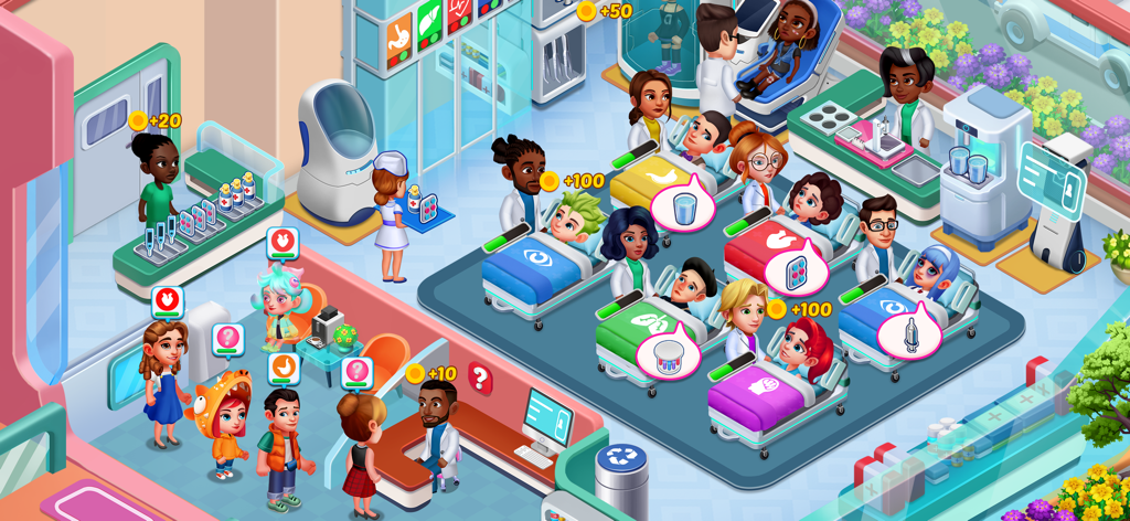 Hospital Dash: Clinic Game - A busy hospital ward with doctors treating patients in a clinic management simulation game.