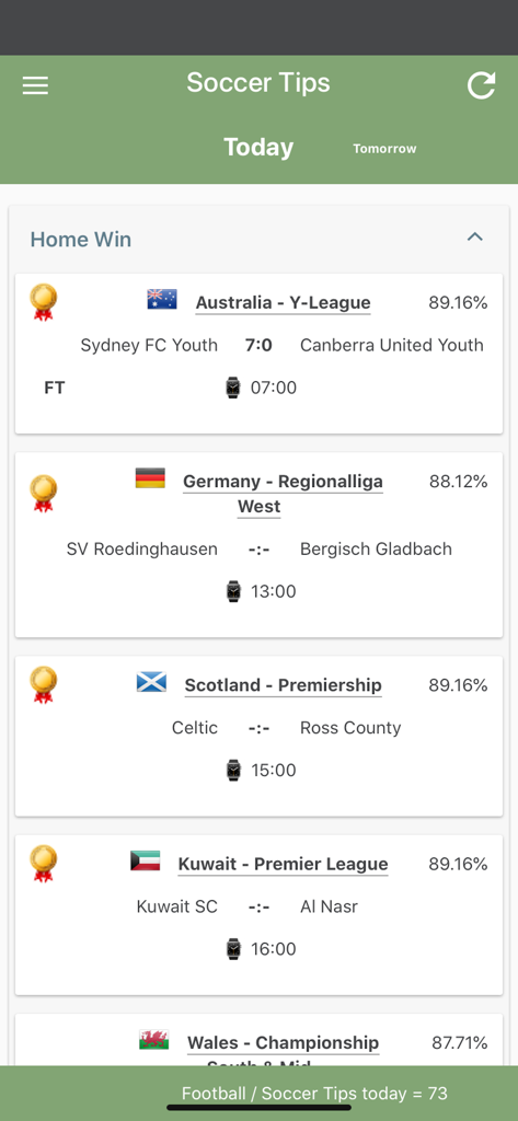 Star Sports Soccer Tips - Captura de pantalla de la interfaz de la aplicación Star Sports Soccer Tips que muestra las predicciones de partidos de fútbol diarios y los porcentajes de precisión.