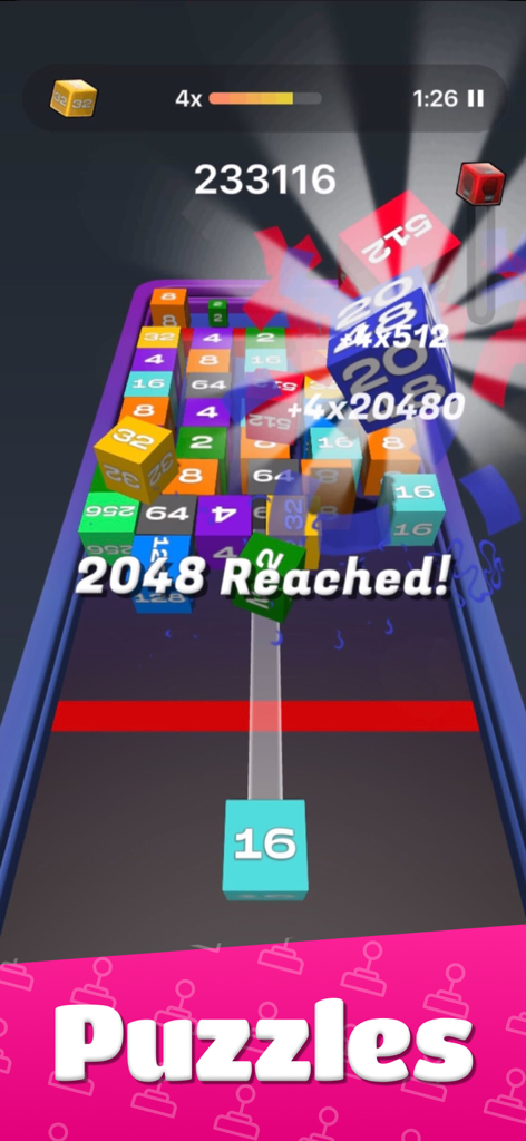 A 3D numbered block puzzle game in the Prizes by GAMEE app showing the message 2048 Reached