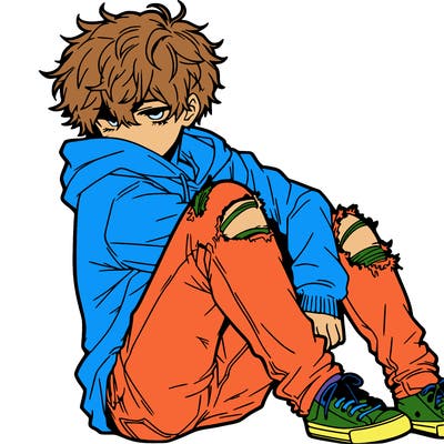 a male hoddie ripped jeans messy hair anime
