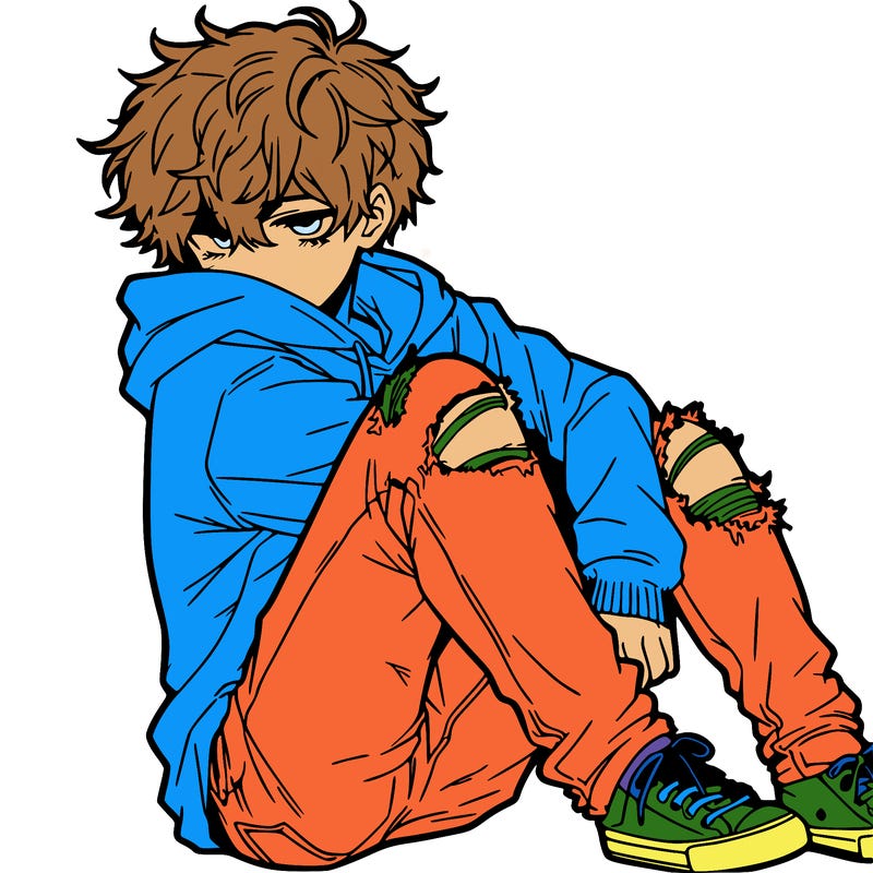a male hoddie ripped jeans messy hair anime