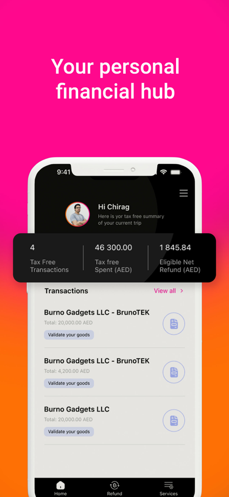 Dashboard of Planet Tax Free ME app displaying a summary of tax free transactions and eligible refunds
