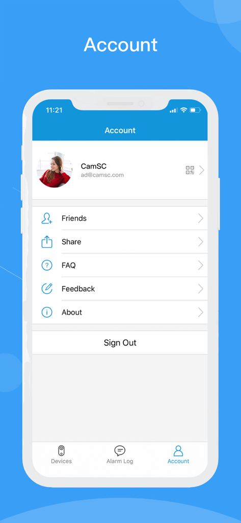 CamSC Pro - Pantalla de configuración de cuenta de la aplicación móvil CamSC Pro que muestra el perfil del usuario y el menú de navegación.