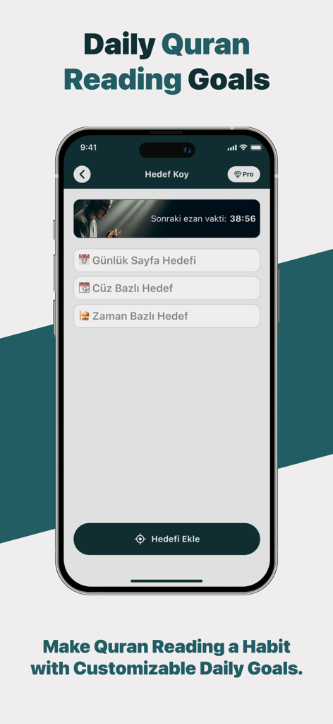 AI Quran Reader Athkar Tarteel - Un teléfono inteligente que muestra la pantalla de objetivos de lectura diaria del Corán en la aplicación AI Quran Reader.
