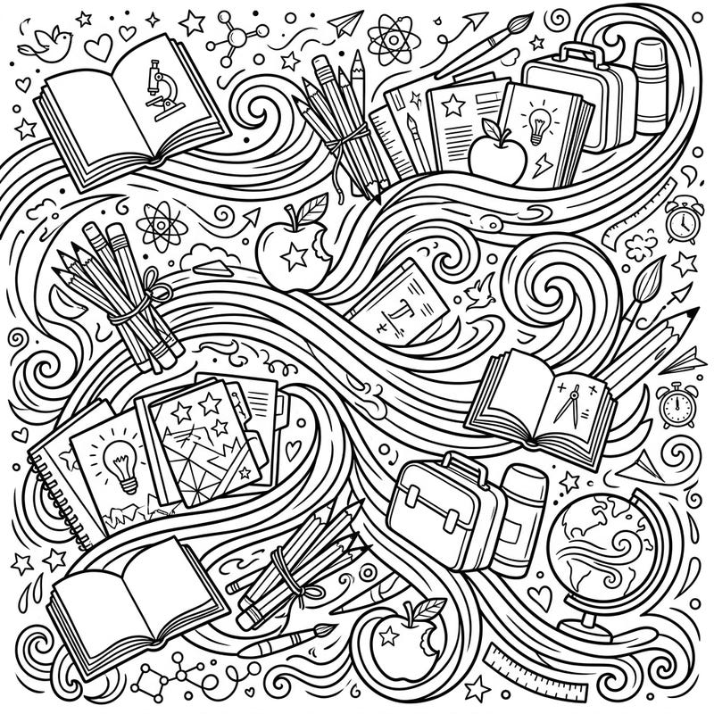 Dive into the excitement of a new school year with this vibrant coloring page, where essential school supplies swirl through dynamic wind currents. It's a perfect blend of educational fun and creative expression, ready for your artistic touch.