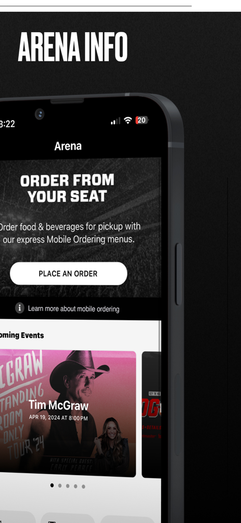 Bucks & Fiserv Forum App - Interface of the Bucks and Fiserv Forum app showing arena information and mobile food ordering options