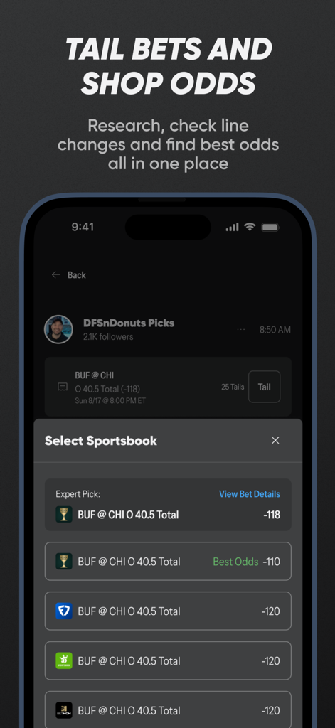 Tails - Expert Picks - 테일즈 앱 스크린샷, 전문가 베팅 픽에 대한 최고의 배당률을 찾기 위한 스포츠북 비교 도구 표시