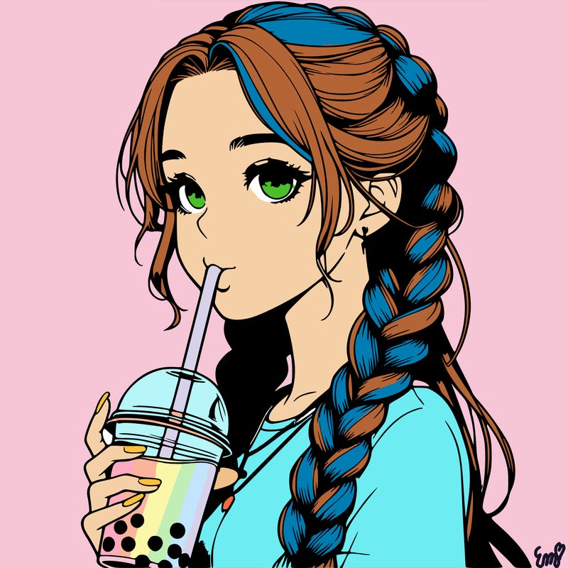 realistic girl with braided hair drinking boba