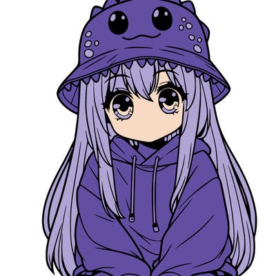 girl with anime shaped eyes with a dinosaur bucket hat oversized sweatshirt long straight hair