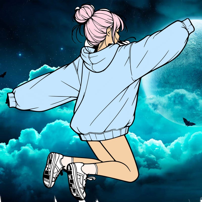 realistic girl jumping with a bun and oversized sweatshirt