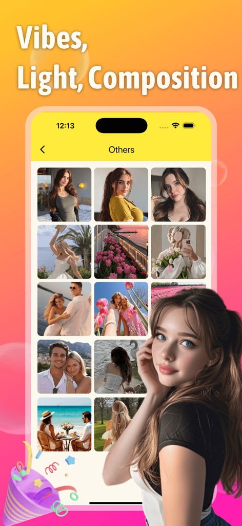Gumist app interface displaying a curated grid of aesthetic lifestyle and portrait photos highlighting photography composition and vibes