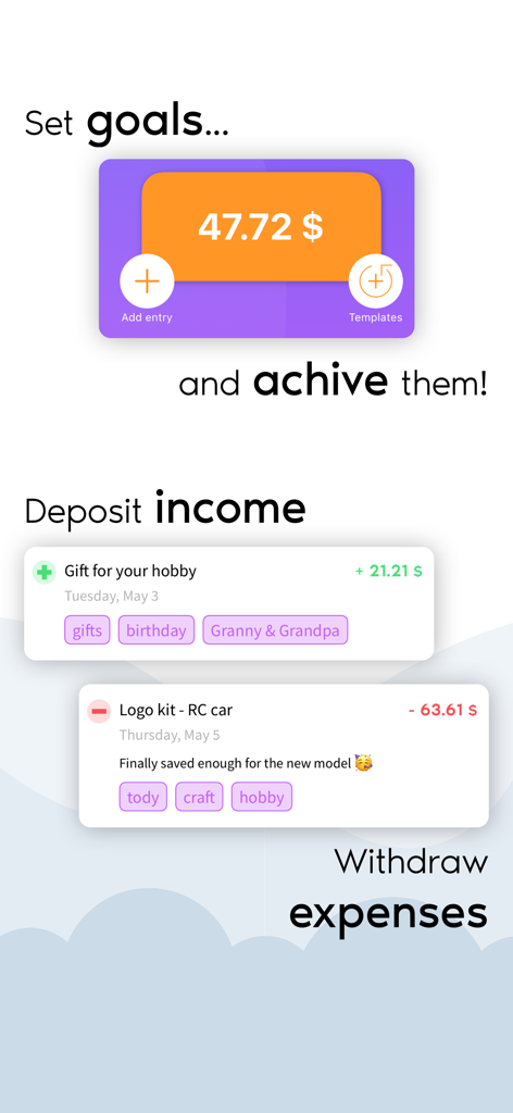 Pockey app screen showing savings goals and financial transaction tracking for children