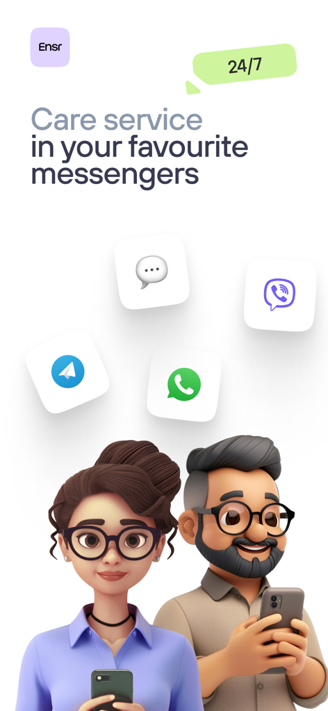 Dos personajes sosteniendo smartphones con iconos de aplicaciones de mensajería encima para soporte al cliente 24/7