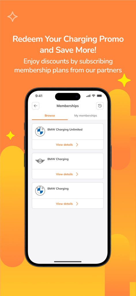 JomCharge mobile App Mitgliedschaftsbildschirm, der EV-Ladepläne für BMW und MINI zeigt