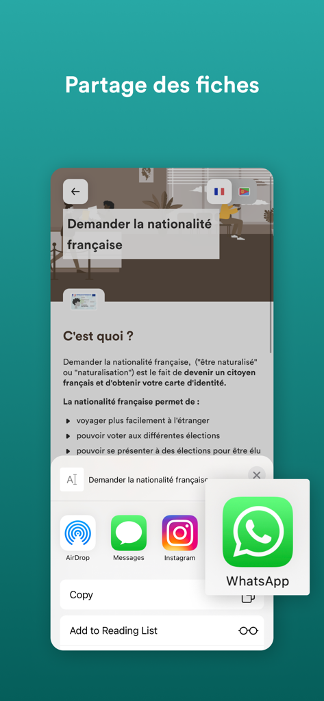 Réfugiés.info - The share menu of the Refugies info app highlighting options to send administrative guides through WhatsApp