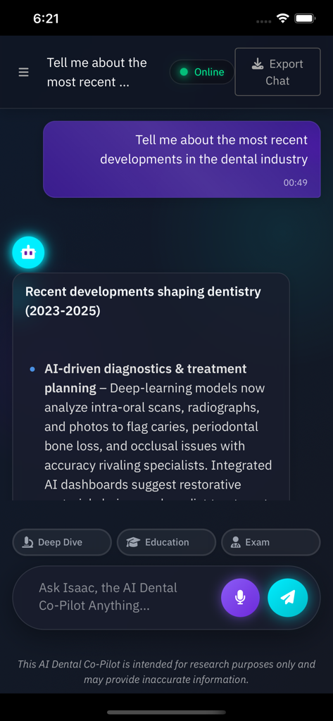 Isaac: AI for Dentistry - Isaac AI for Dentistry mobile app showing a chat interface with clinical intelligence insights on AI diagnostics