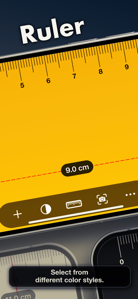 Ruler, Measuring Tape - AR App - Ein Smartphone-Bildschirm zeigt eine anpassbare gelbe digitale Lineal-Oberfläche mit einer Messung von neun Zentimetern.