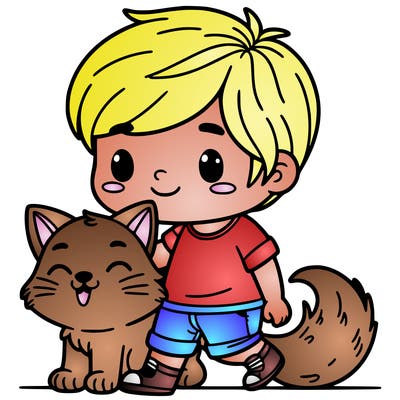 a boy with a cat dog