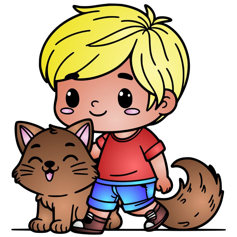 a boy with a cat dog